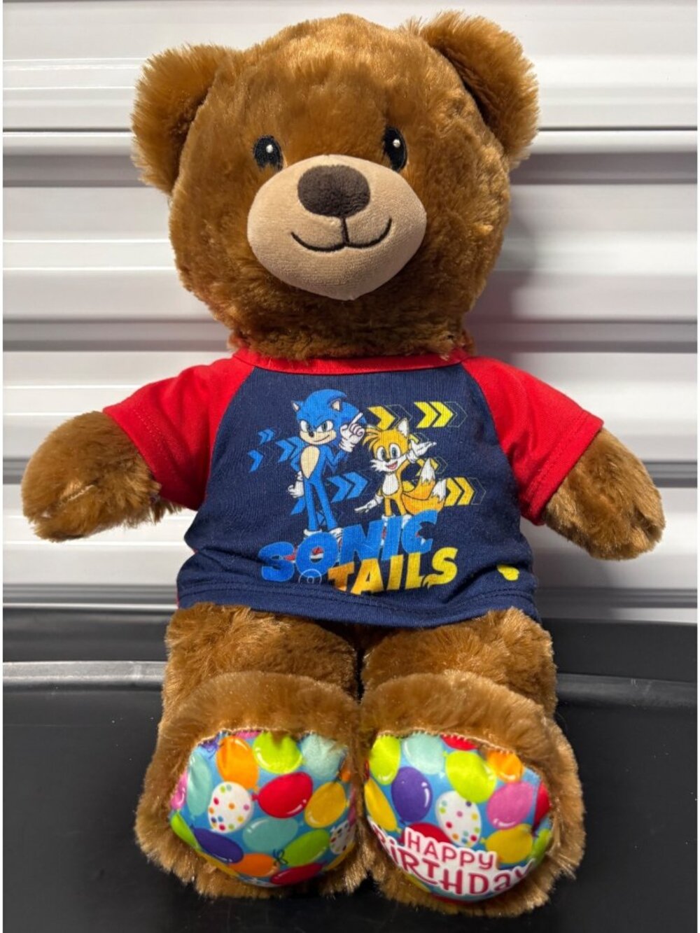 Build-A-Bear Sonic & Tails Happy Birthday Plush Bear Brown Fur Balloons On Feet